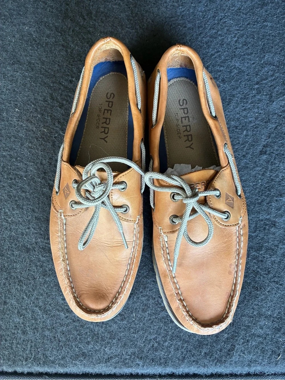 Sperry Men’s Brown Leather Boat Shoes with Gray Laces